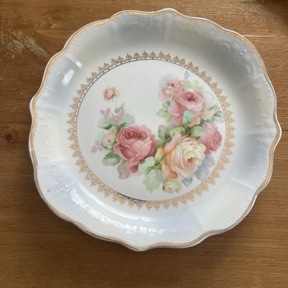 Antique Harker Pottery Floral Plate Gold Trim Scalloped Edge Rose Shabby Chic